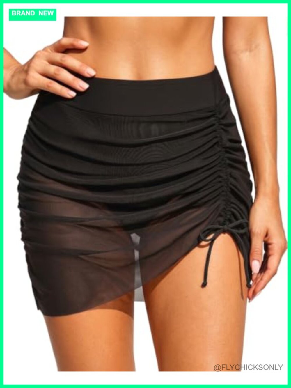 Women high waisted mesh side tie ruched swim skirt bottom